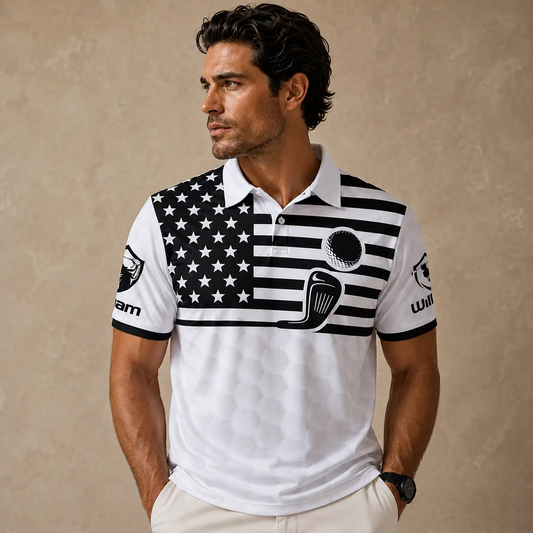 Mens Golf Shirt White Black Flag Back Nine Polo Shirt Chaosborn