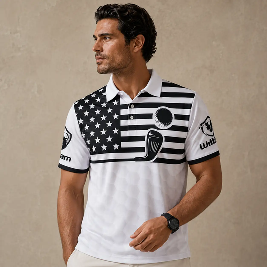 Mens Golf Shirt White Black Flag Back Nine Polo Shirt Chaosborn