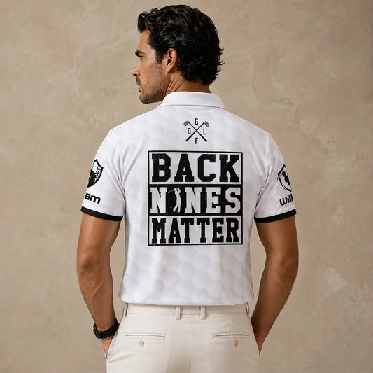 Man wearing a white polo shirt with 'Back Nines Matter' text and logos on a beige background
