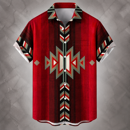 A short-sleeve button-up shirt with a bold Southwestern geometric pattern in red, black, white, and gray, displayed against a textured gray background.