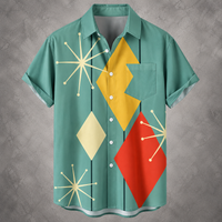 A short-sleeve button-up shirt with a retro mid-century modern pattern, featuring a teal green base with yellow, red, and cream geometric shapes, displayed on a textured gray background.