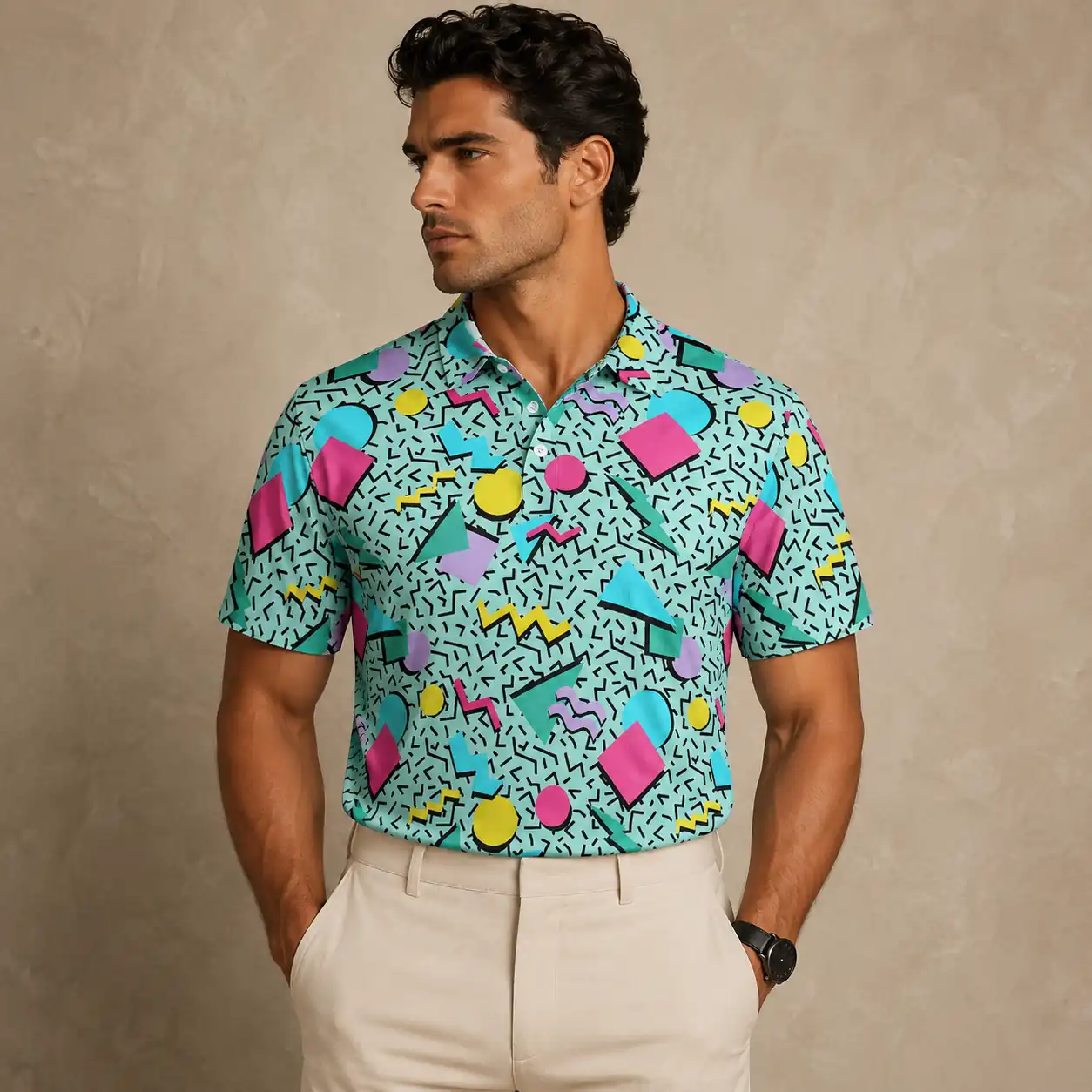 Mens Vintage Polo Shirt Aqua Geo Pattern Golf Shirt Chaosborn