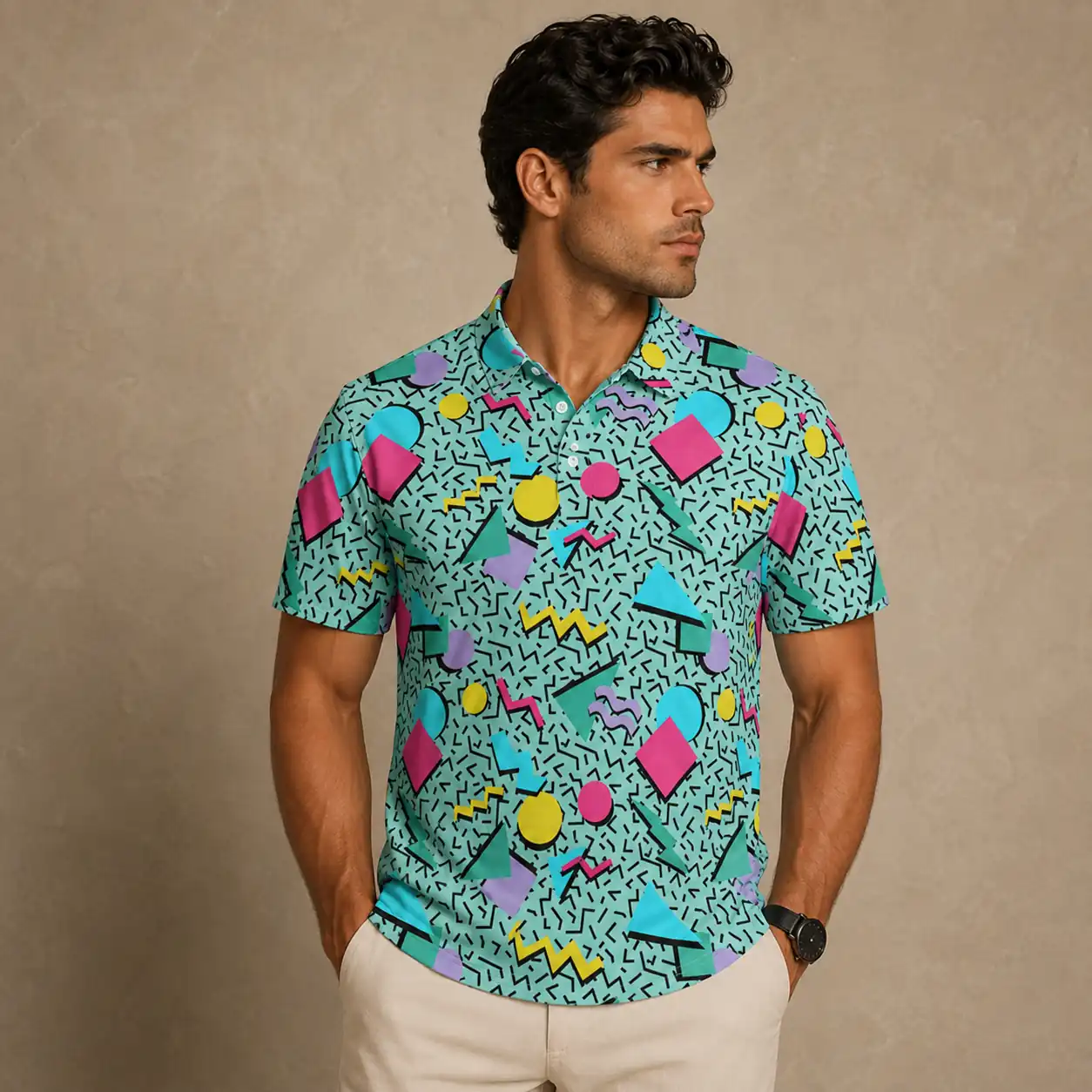 Mens Vintage Polo Shirt Aqua Geo Pattern Golf Shirt Chaosborn
