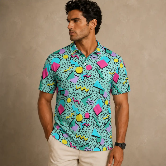 Mens Vintage Polo Shirt Aqua Geo Pattern Golf Shirt Chaosborn