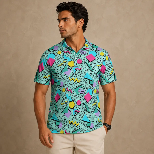 Mens Vintage Polo Shirt Aqua Geo Pattern Golf Shirt Chaosborn