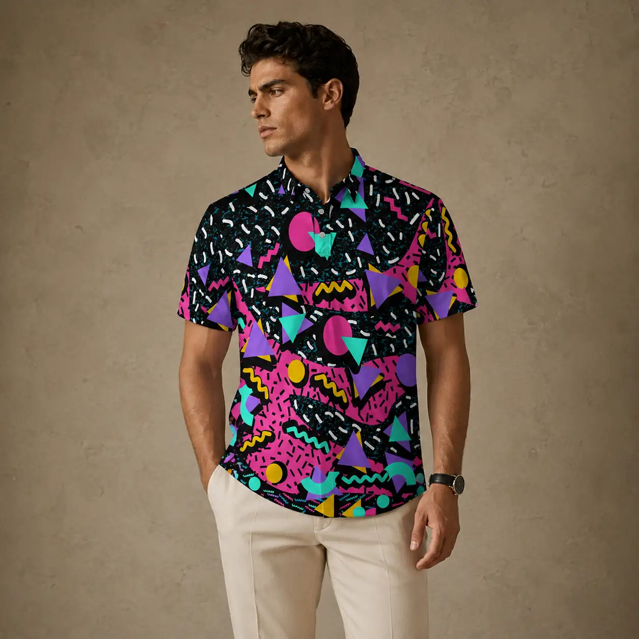 Mens Vintage Polo Shirt Neon Geo Pattern Golf Shirt Chaosborn