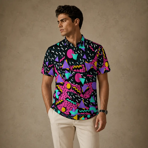 Mens Vintage Polo Shirt Neon Geo Pattern Golf Shirt Chaosborn