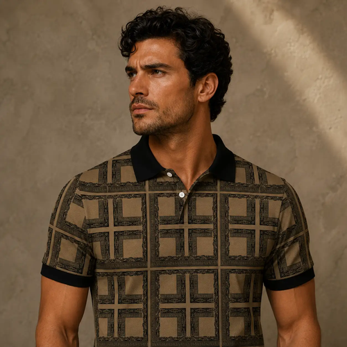 Mens Vintage Polo Shirt Olive Geo Pattern Golf Shirt Chaosborn