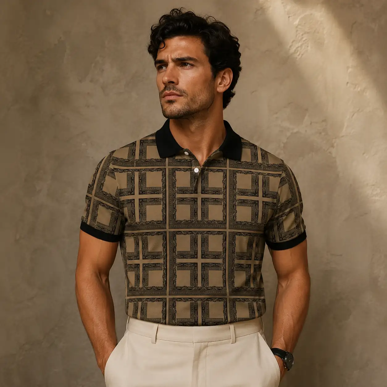 Mens Vintage Polo Shirt Olive Geo Pattern Golf Shirt Chaosborn