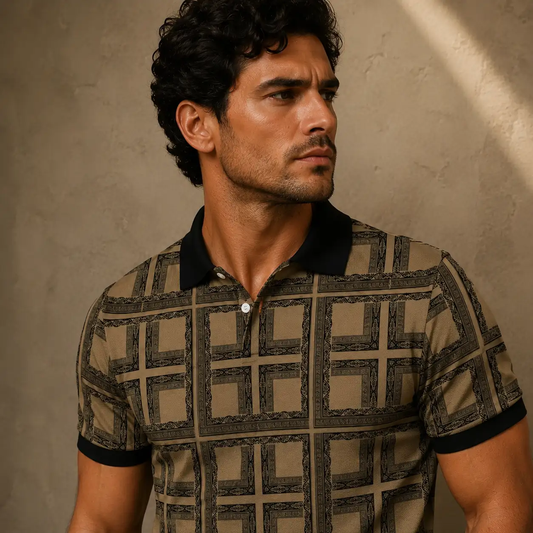 Mens Vintage Polo Shirt Olive Geo Pattern Golf Shirt Chaosborn