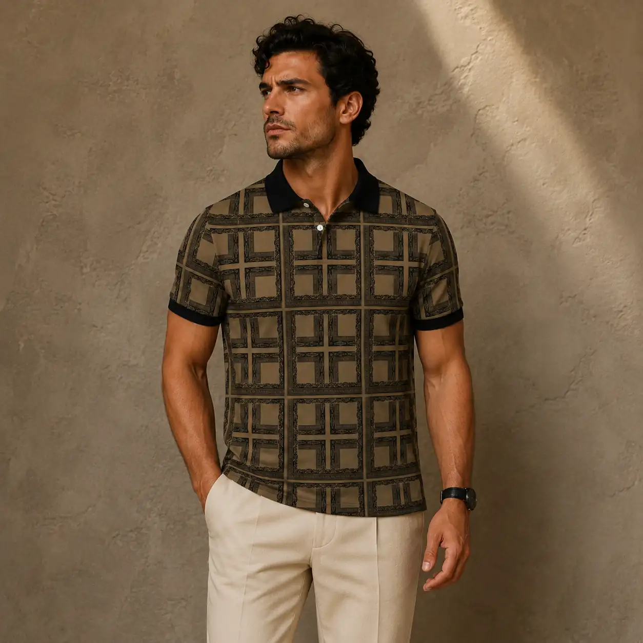 Mens Vintage Polo Shirt Olive Geo Pattern Golf Shirt Chaosborn