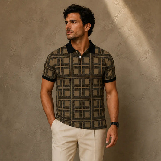 Man wearing a patterned shirt and beige pants against a textured brown wall