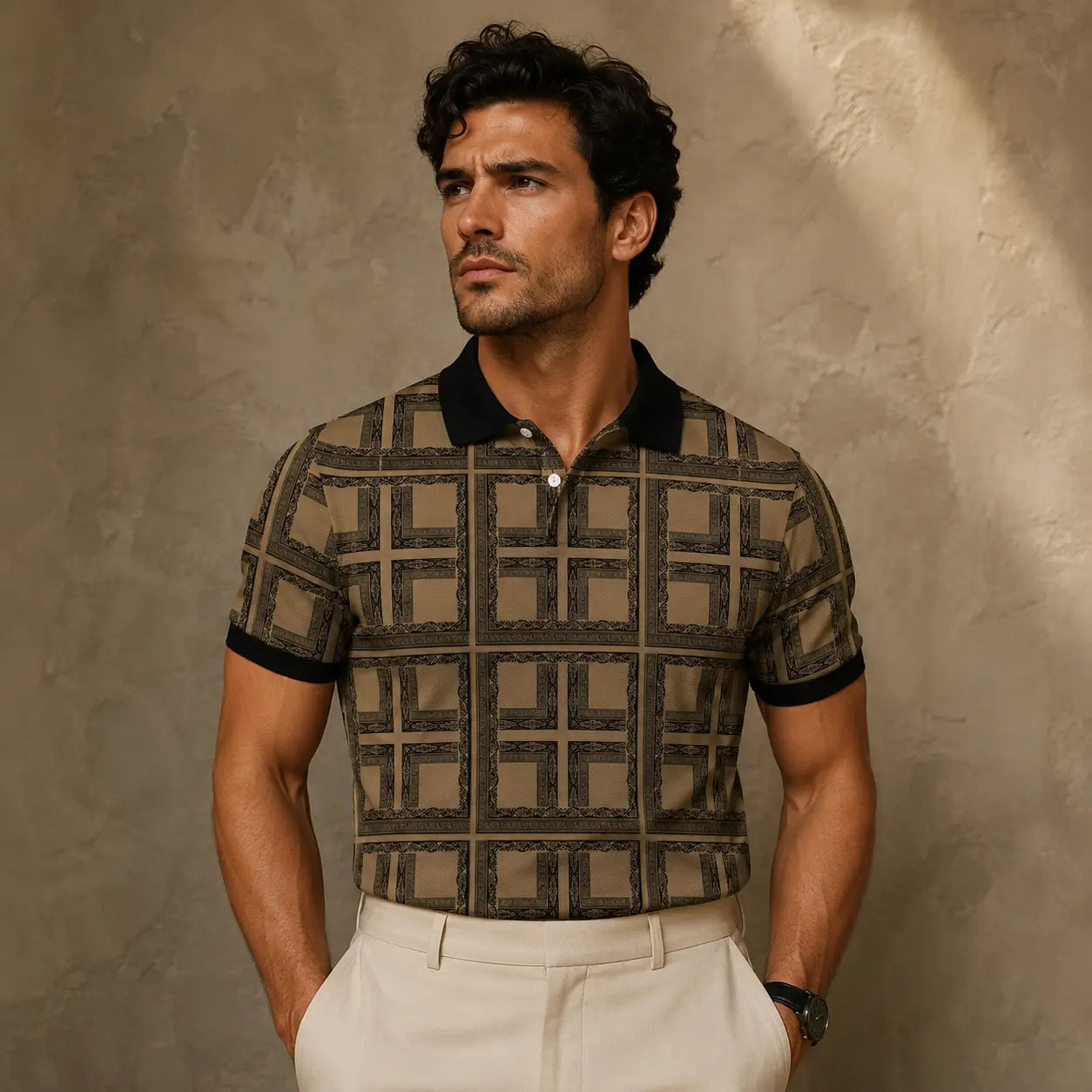 Man wearing a patterned shirt and white pants against a textured beige wall