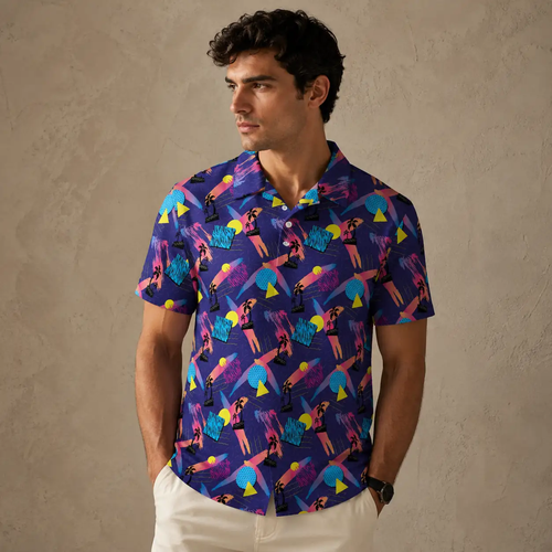 Mens Vintage Polo Shirt Purple Tropical Print Golf Shirt Chaosborn