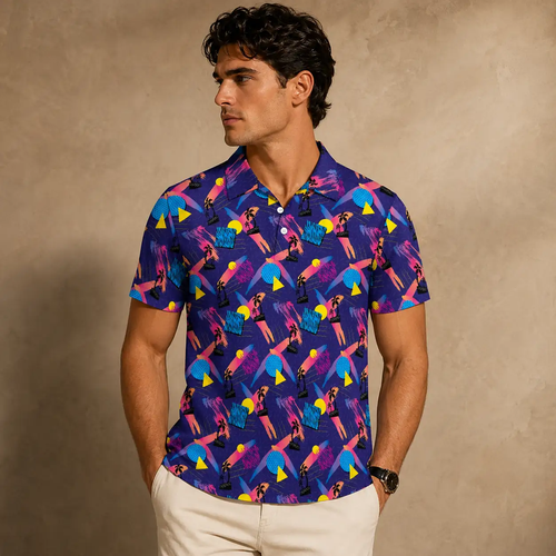 Mens Vintage Polo Shirt Purple Tropical Print Golf Shirt Chaosborn