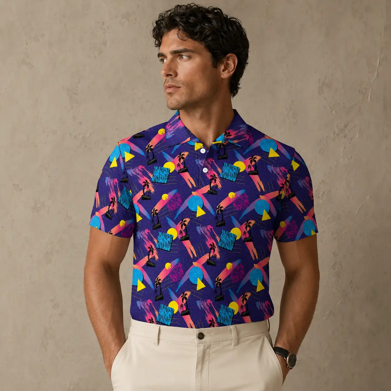 Mens Vintage Polo Shirt Purple Tropical Print Golf Shirt Chaosborn