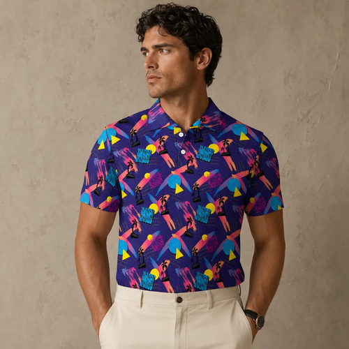 Mens Vintage Polo Shirt Purple Tropical Print Golf Shirt Chaosborn