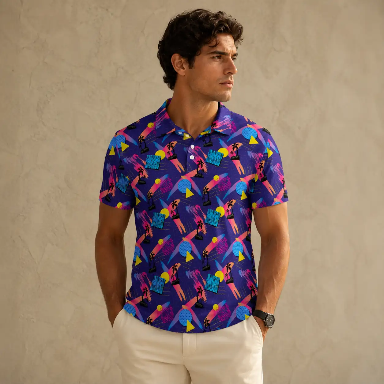 Mens Vintage Polo Shirt Purple Tropical Print Golf Shirt Chaosborn