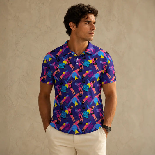 Man wearing a colorful patterned shirt against a beige wall