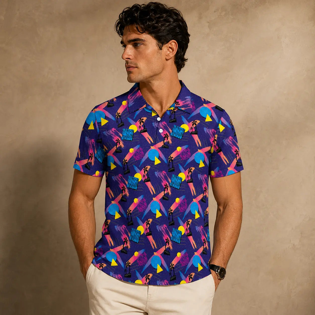 Man wearing a colorful patterned shirt against a beige background