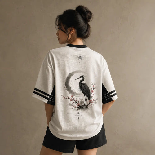 Moon Heron Jersey Shirt Ink Wash Cherry Blossom Crane Chaosbornwear