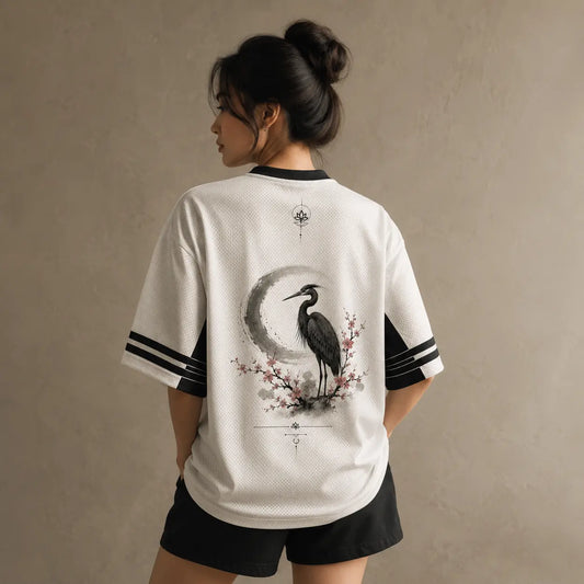 Moon Heron Jersey Shirt Ink Wash Cherry Blossom Crane Chaosbornwear