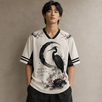 Moon Heron Jersey Shirt Ink Wash Cherry Blossom Crane Chaosbornwear