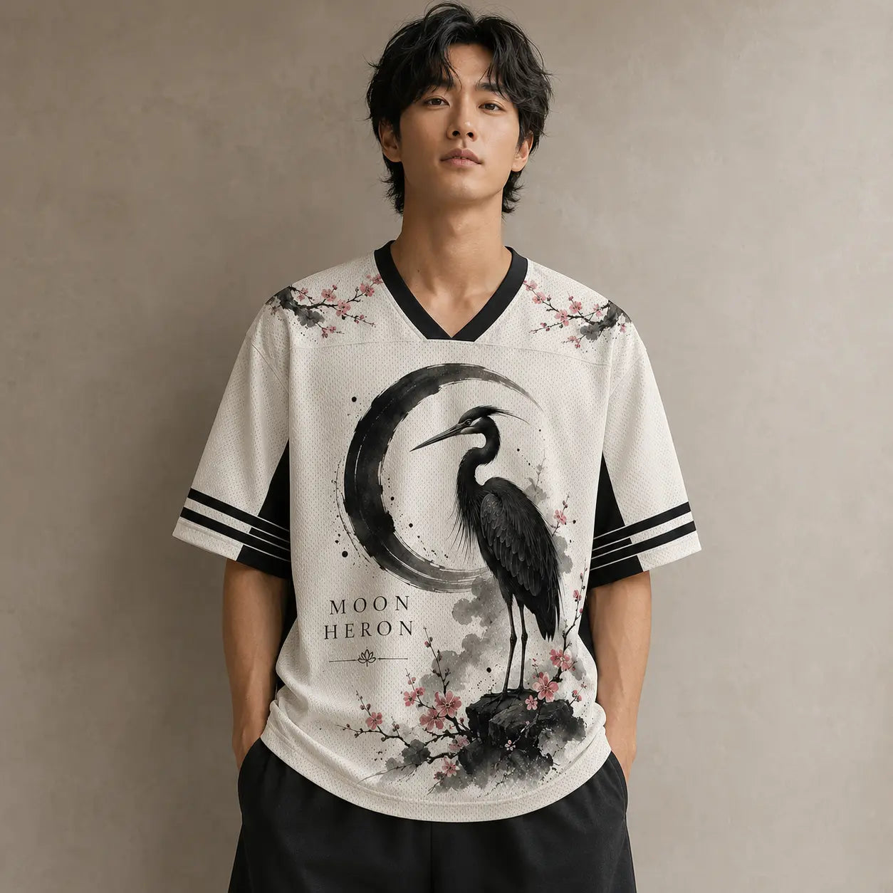 Moon Heron Jersey Shirt Ink Wash Cherry Blossom Crane Chaosbornwear