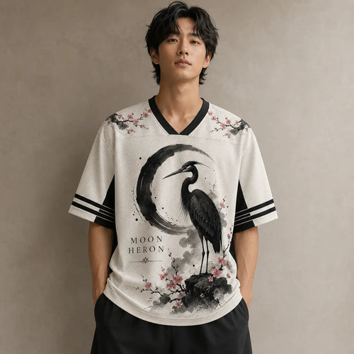 Moon Heron Jersey Shirt Ink Wash Cherry Blossom Crane Chaosbornwear