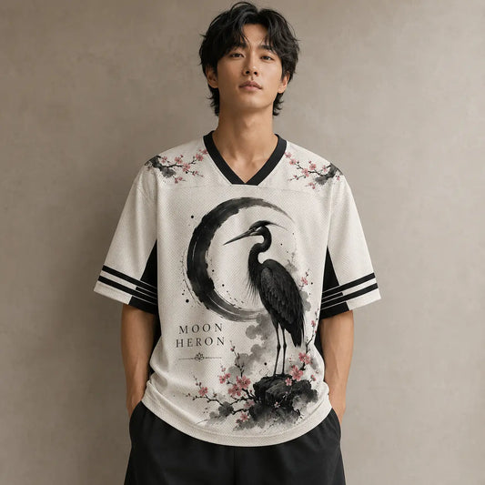 Moon Heron Jersey Shirt Ink Wash Cherry Blossom Crane Chaosbornwear
