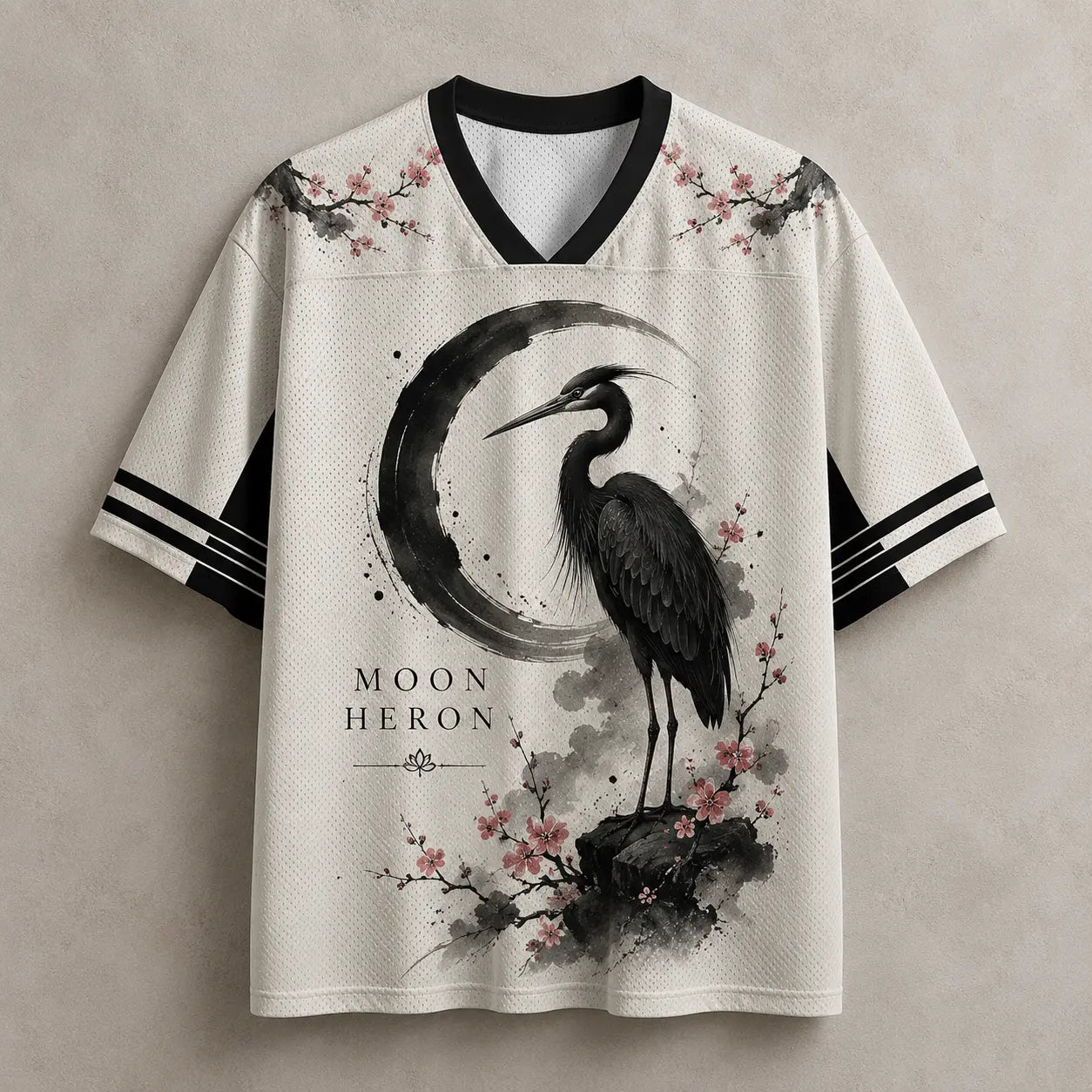 Moon Heron Jersey Shirt Ink Wash Cherry Blossom Crane Chaosbornwear