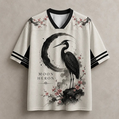 Moon Heron Jersey Shirt Ink Wash Cherry Blossom Crane Chaosbornwear
