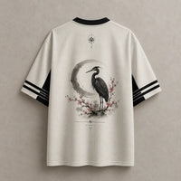 Moon Heron Jersey Shirt Ink Wash Cherry Blossom Crane Chaosbornwear