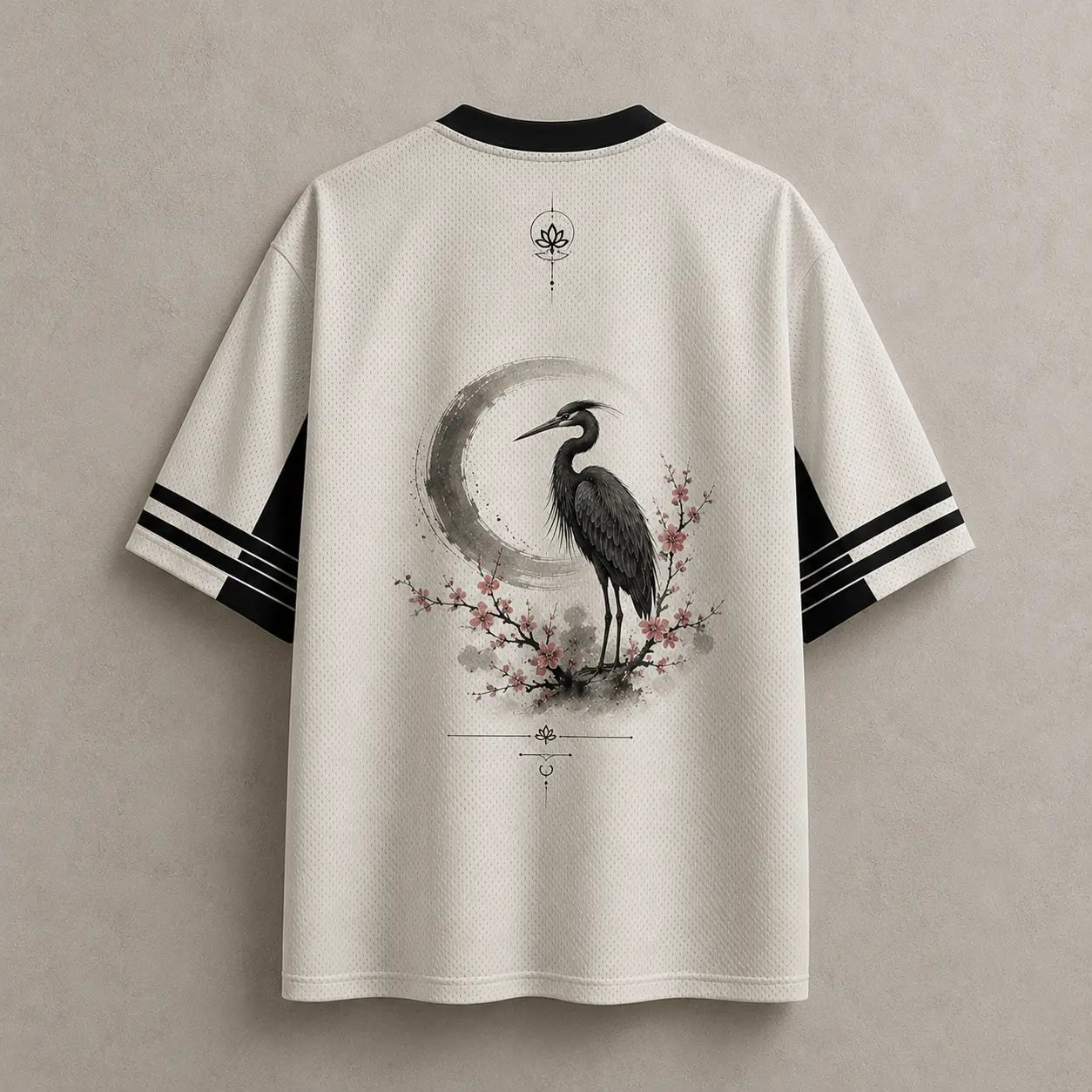 Moon Heron Jersey Shirt Ink Wash Cherry Blossom Crane Chaosbornwear