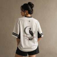 Moon Heron Jersey Shirt Ink Wash Cherry Blossom Crane Chaosbornwear