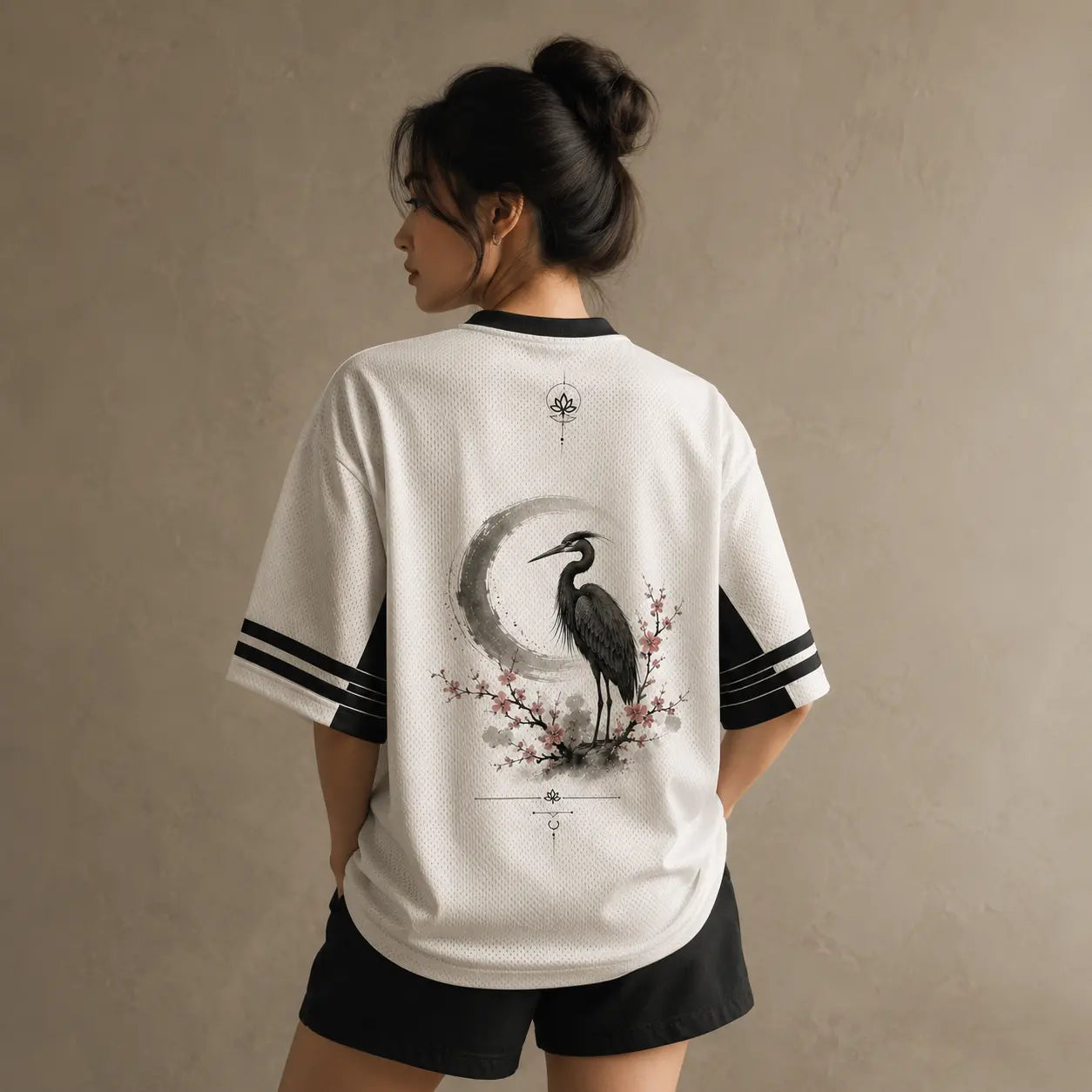 Moon Heron Jersey Shirt Ink Wash Cherry Blossom Crane Chaosbornwear