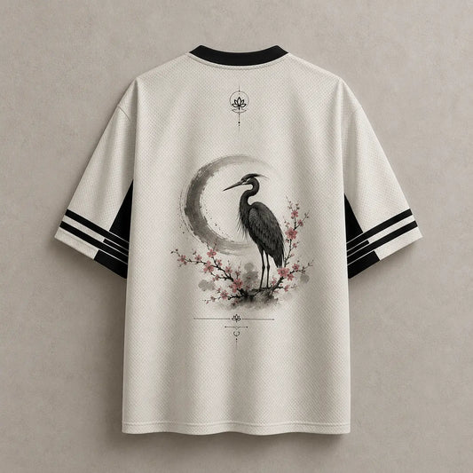 Moon Heron Jersey Shirt Ink Wash Cherry Blossom Crane Chaosbornwear