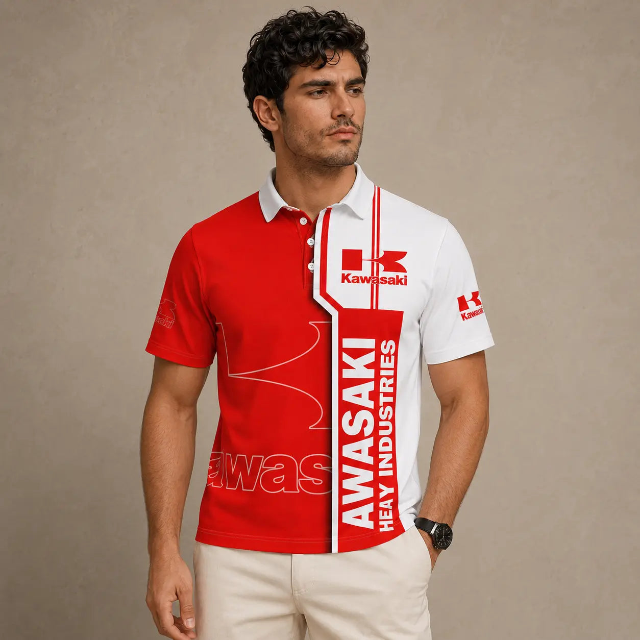 Man wearing a red and white Kawasaki polo shirt against a beige background