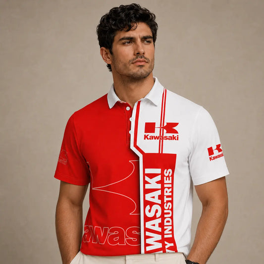Man wearing a red and white Kawasaki polo shirt against a beige background