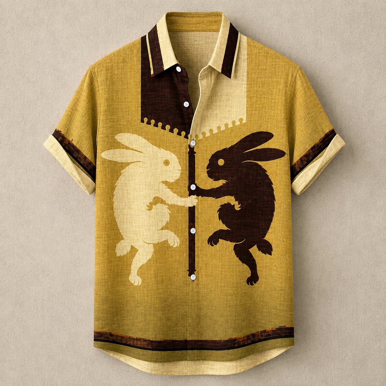 A short-sleeve button-up shirt in textured mustard yellow fabric, featuring a split collar in cream and dark brown, with a central graphic of a cream rabbit facing a dark brown rabbit. The shirt has dark brown trim along the sleeve cuffs and hem.