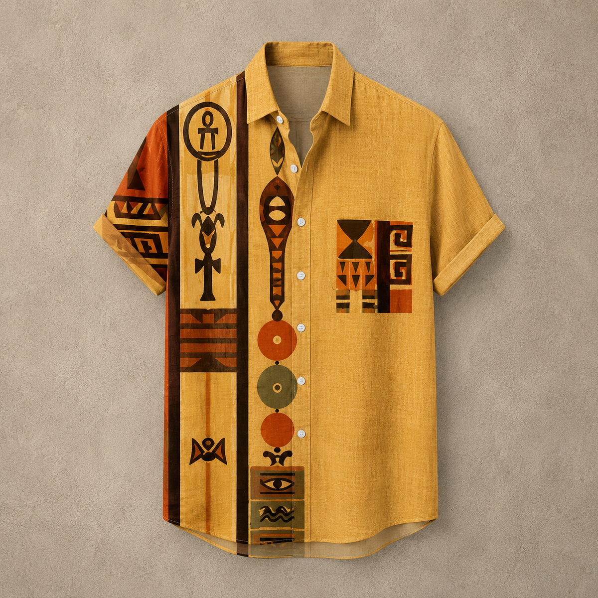 A short-sleeve button-up shirt in mustard yellow with a bold African tribal-inspired geometric and symbolic print in brown, black, orange, and beige, displayed against a textured gray background.