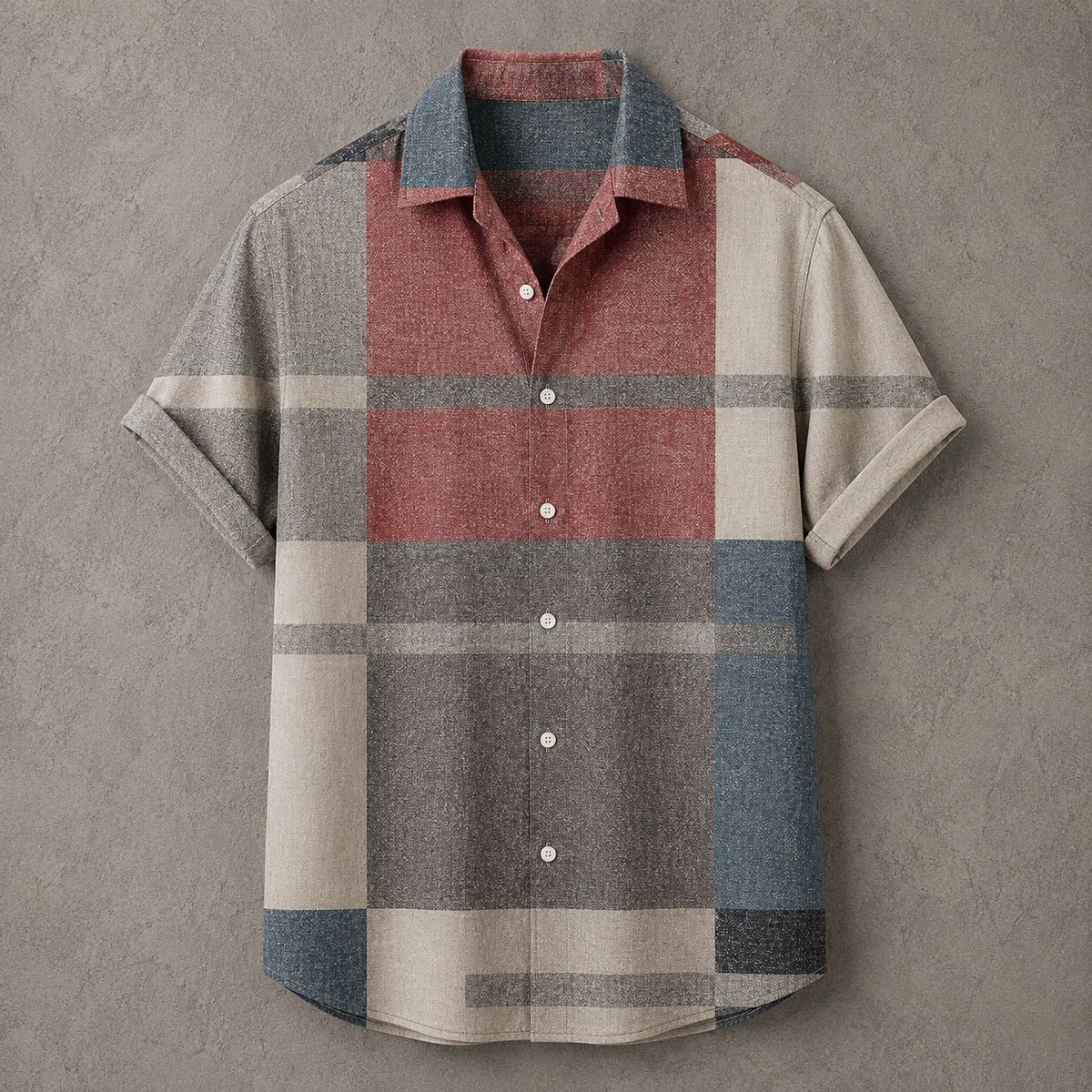 A short-sleeve button-up shirt with a large-scale patchwork plaid pattern in muted tones of slate blue, dusty rose, gray, and cream, laid flat against a textured gray background.