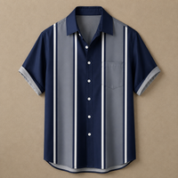 A short-sleeve button-up shirt with vertical stripes in navy blue, medium gray, and white, laid flat against a textured beige background.