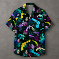 A short-sleeve button-up camp shirt with a vibrant neon tropical leaf print and an all-over pattern of colorful guns and grenades, displayed flat against a textured gray background.
