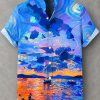 A short-sleeve button-up camp shirt featuring a vibrant, impressionistic painting of a sunset seascape with a sailboat, printed on a gray background.
