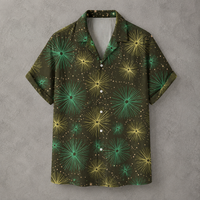 A short-sleeve button-up camp shirt with a dark olive green base, featuring a vibrant pattern of green and yellow starburst dandelions and small gold dots, displayed against a textured gray background.