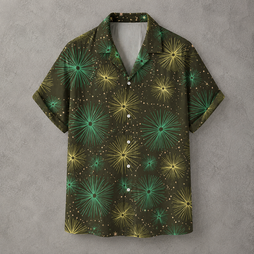 A short-sleeve button-up camp shirt with a dark olive green base, featuring a vibrant pattern of green and yellow starburst dandelions and small gold dots, displayed against a textured gray background.
