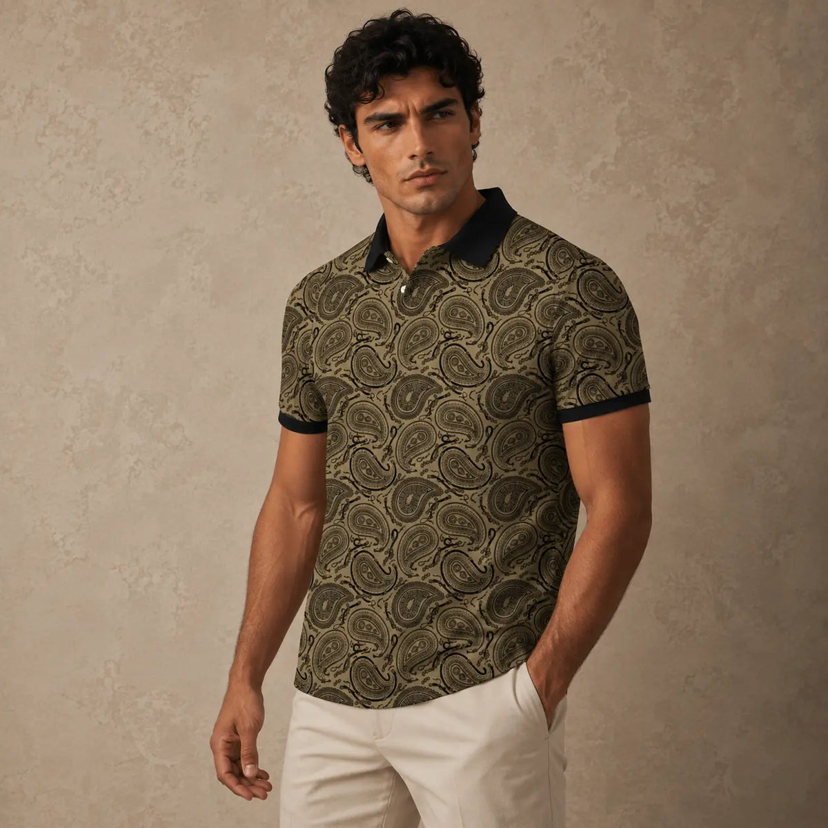 Man wearing a patterned polo shirt and white pants against a beige background