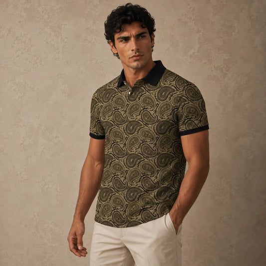 Man wearing a patterned polo shirt and white pants against a beige background