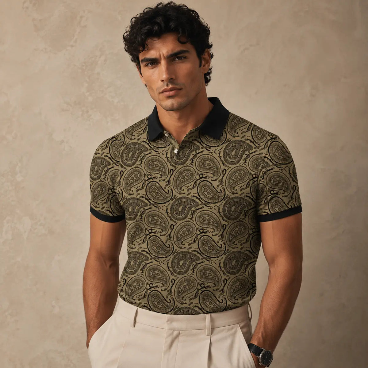 Man wearing a patterned polo shirt against a beige background